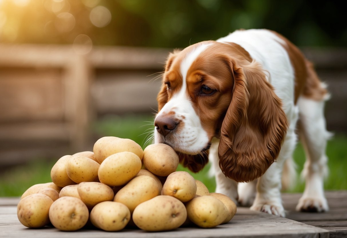 A cocker spaniel sniffing a pile of raw potatoes with a concerned expression