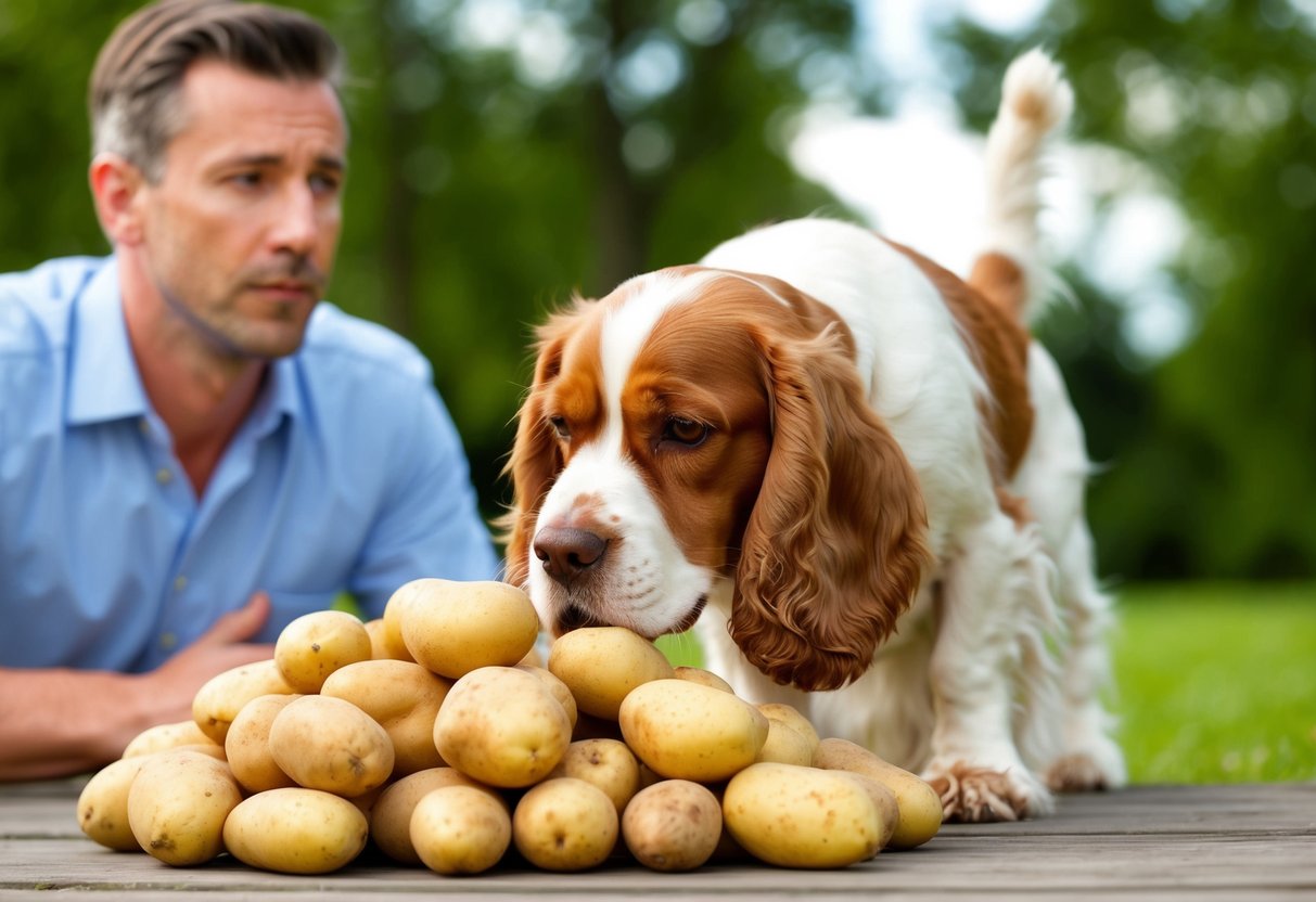 A Cocker Spaniel cautiously sniffs a pile of raw potatoes, while a concerned owner looks on in the background