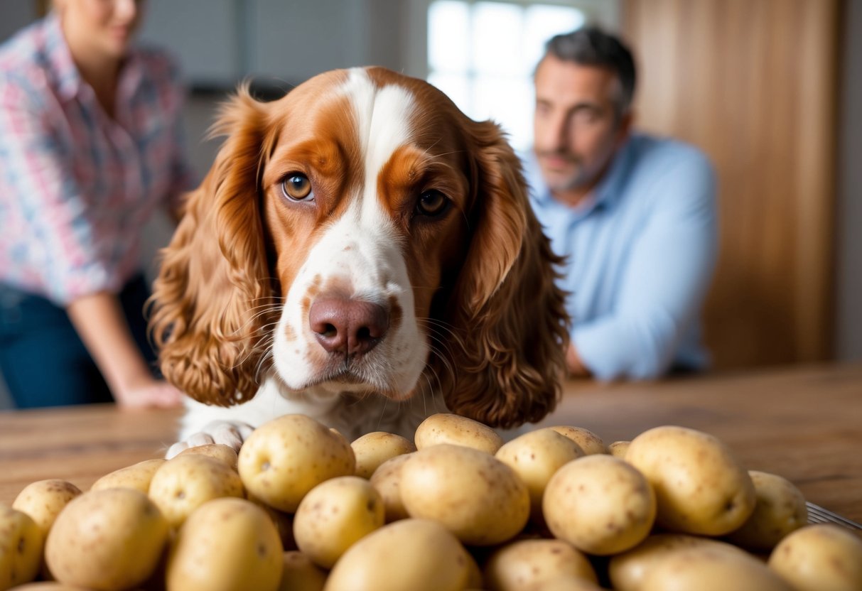 A Cocker Spaniel looking curiously at a pile of raw potatoes, with a concerned owner in the background