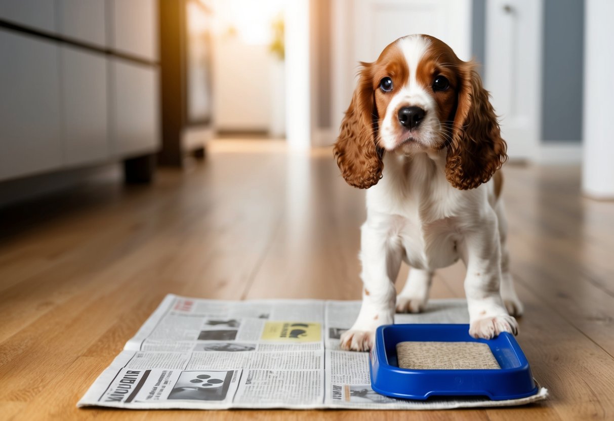 A cocker spaniel puppy stands on a newspaper-covered floor, next to a training pad, with a proud look after successfully using the pad