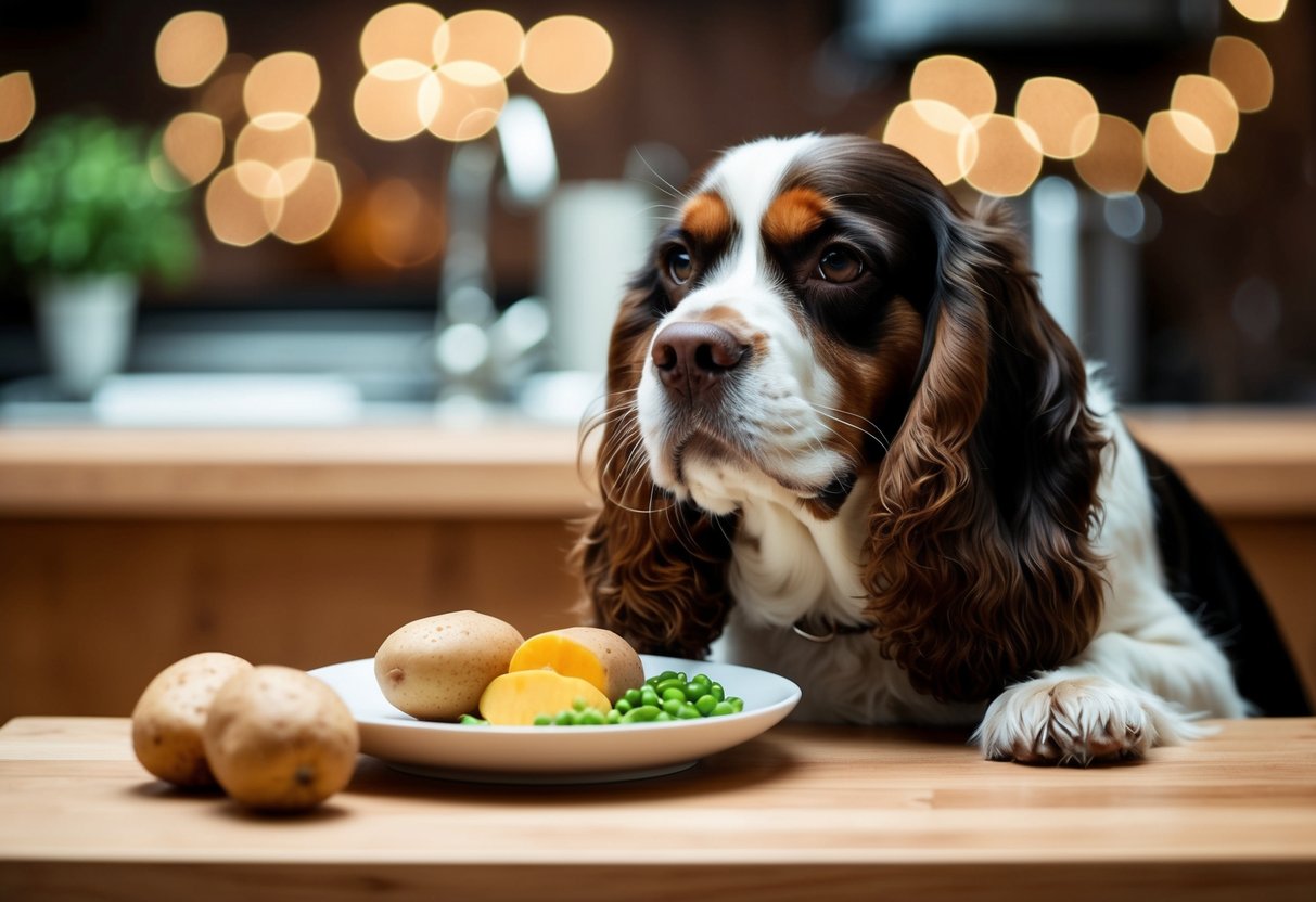 A Cocker Spaniel enjoying a balanced diet with a variety of healthy foods, including raw potatoes