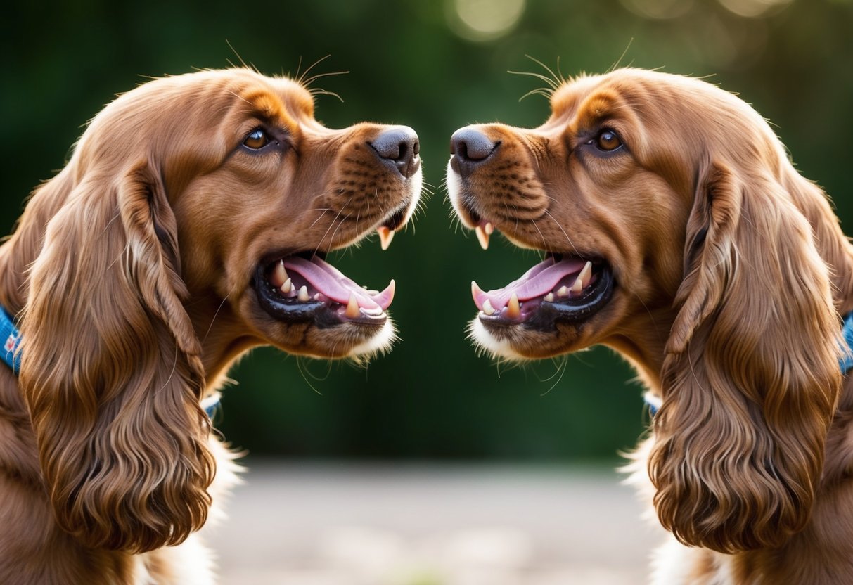 Two cocker spaniels facing each other, growling with raised hackles and bared teeth