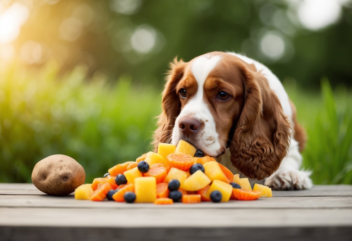 A Cocker Spaniel eagerly sniffs a pile of fruit and vegetable snacks, with a raw potato sitting in the midst