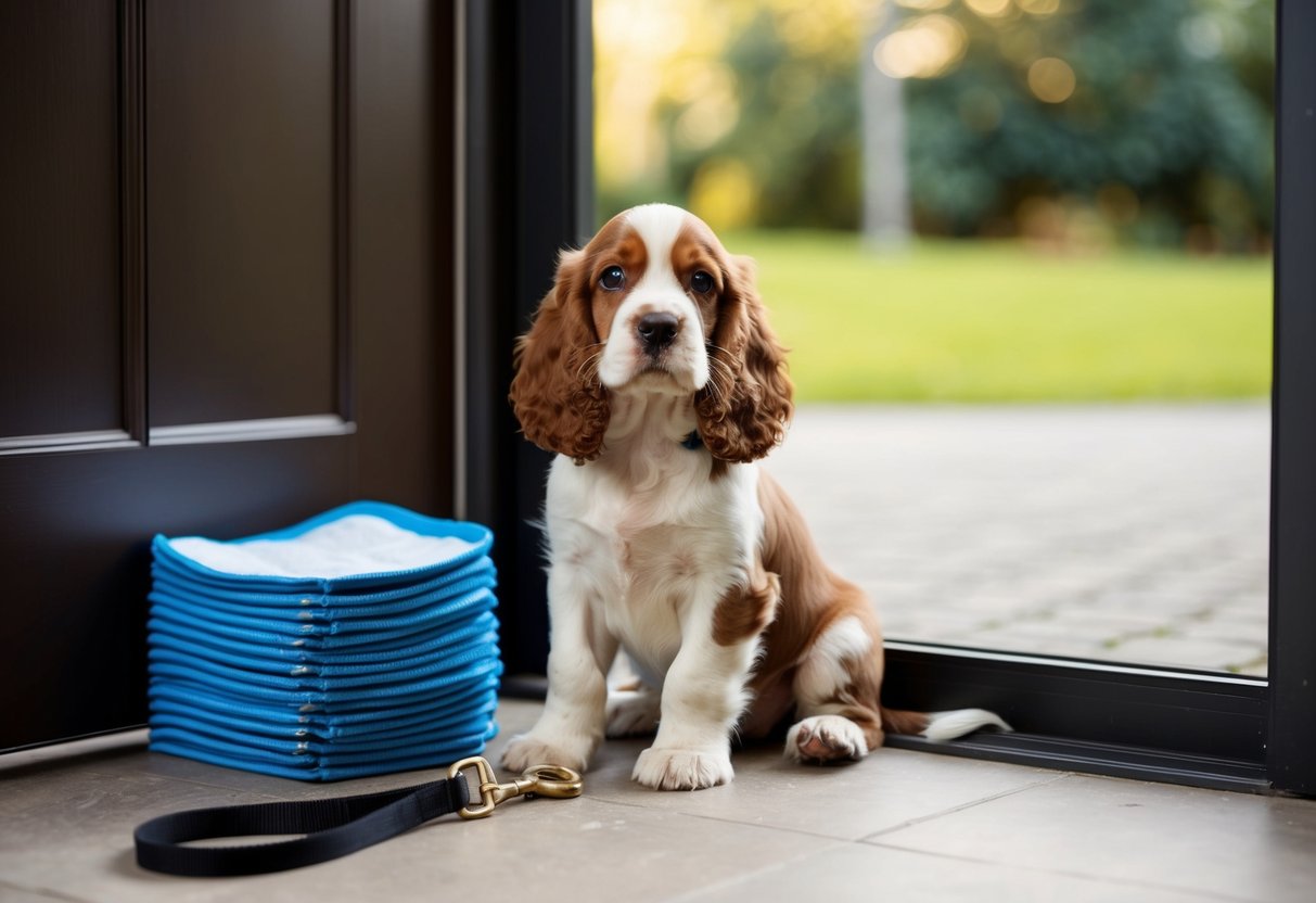 A cocker spaniel puppy sits by the door, waiting to be let out. A stack of training pads and a leash are nearby
