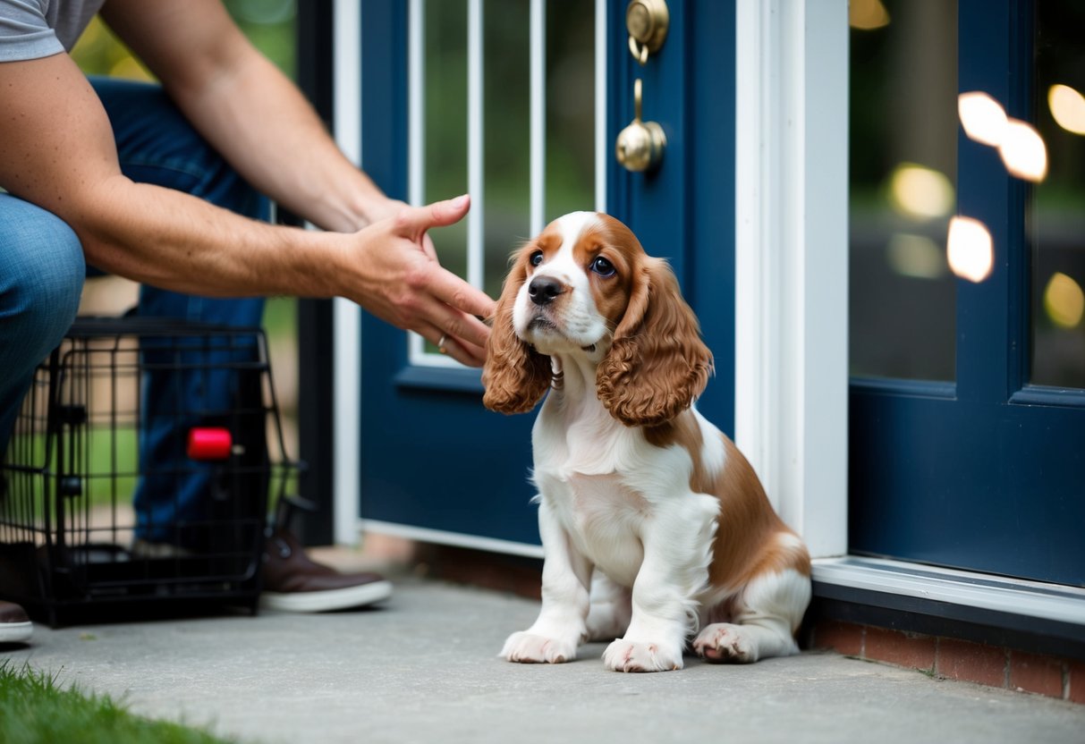 A cocker spaniel puppy sits by a door with a bell on it, a crate nearby. A happy owner praises the puppy for going potty outside