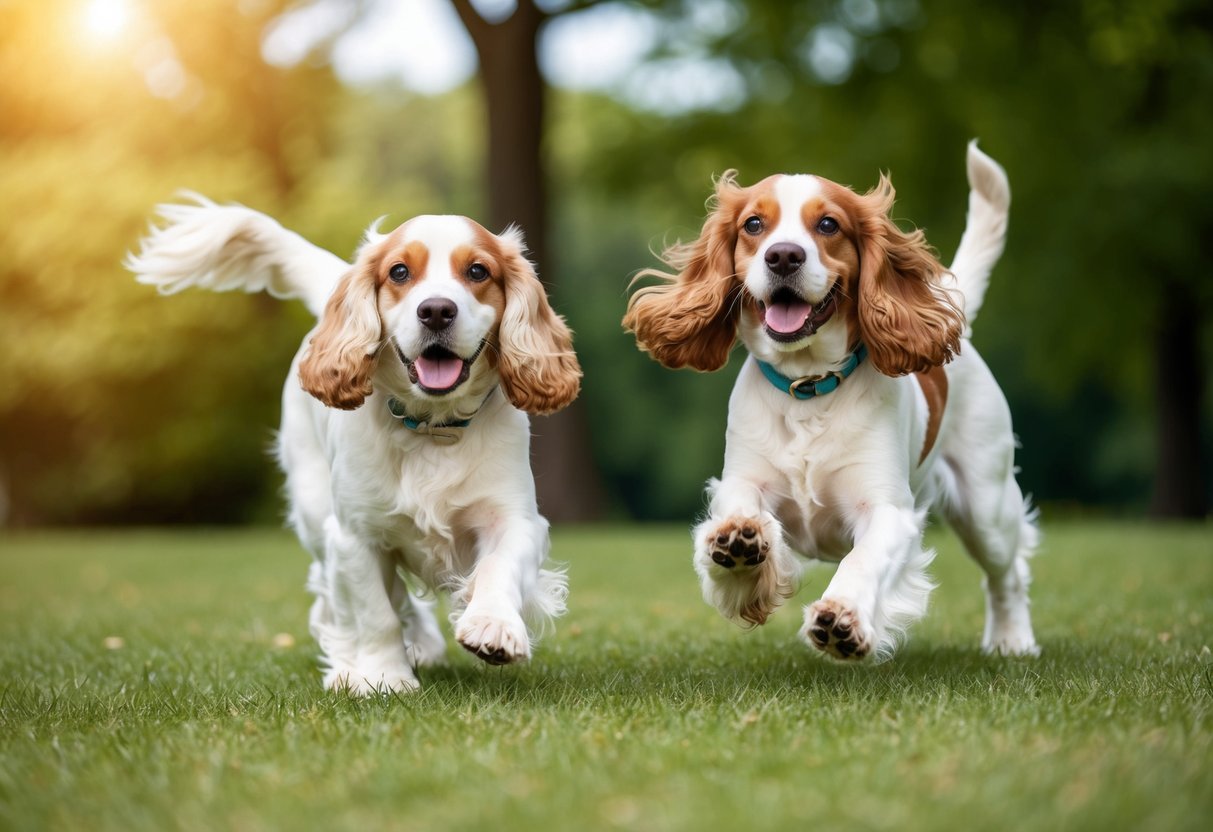 Two cocker spaniels playing in a park, one male and one female, showing friendly behavior