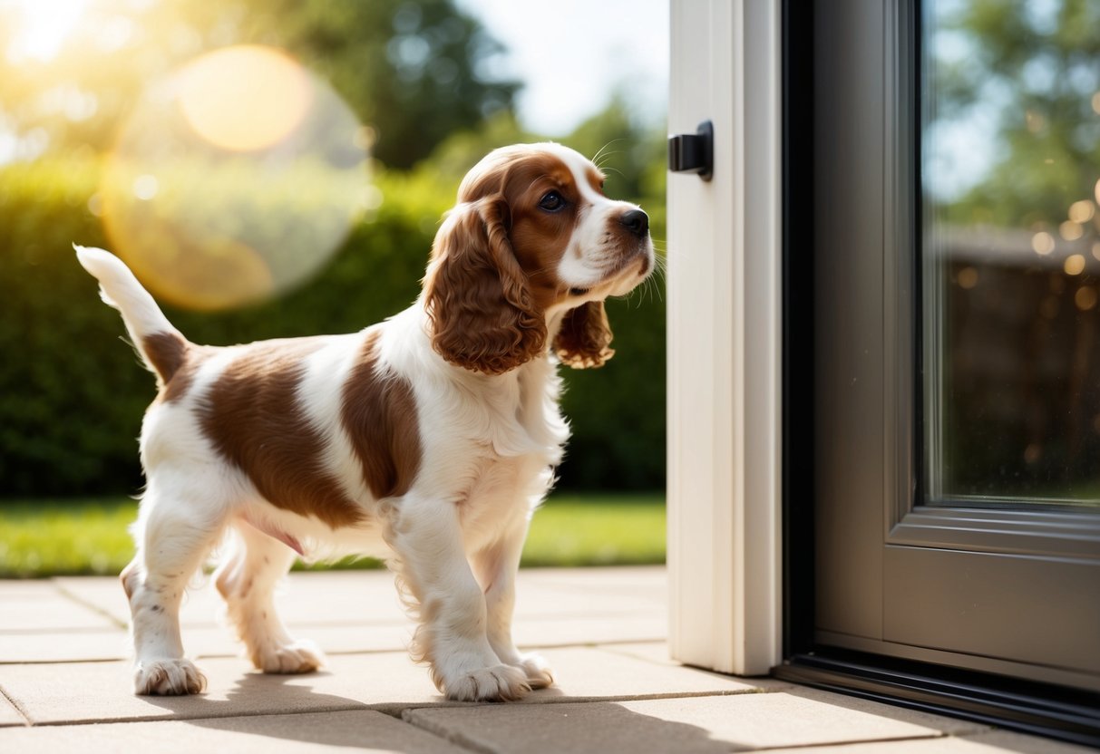 A cocker spaniel puppy standing next to a doggy door, looking out at a sunny backyard