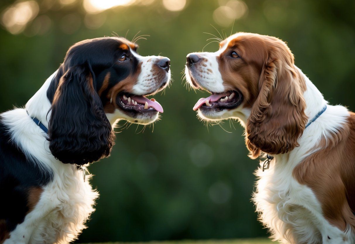 Two cocker spaniels, one male and one female, facing each other with raised hackles and bared teeth