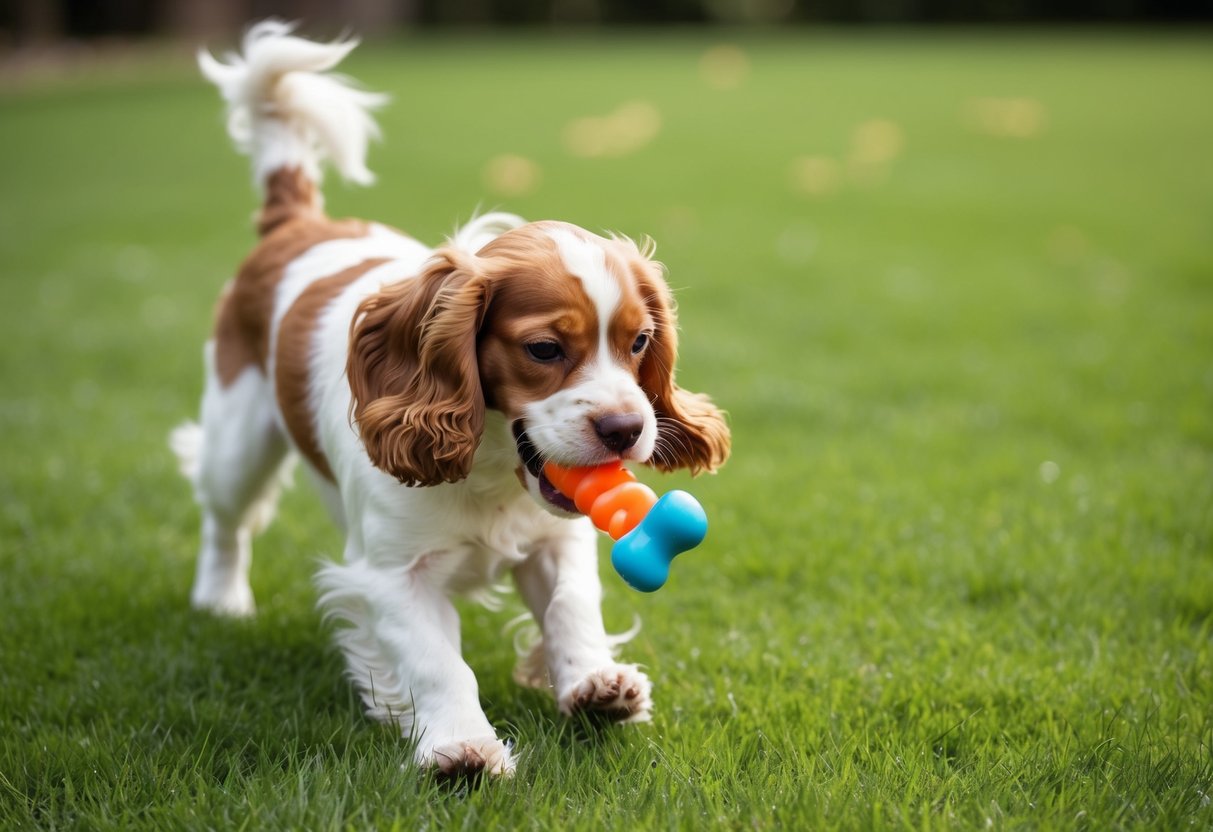 A 6-month-old cocker spaniel playing with a chew toy in a grassy backyard, with its ears flapping and tail wagging