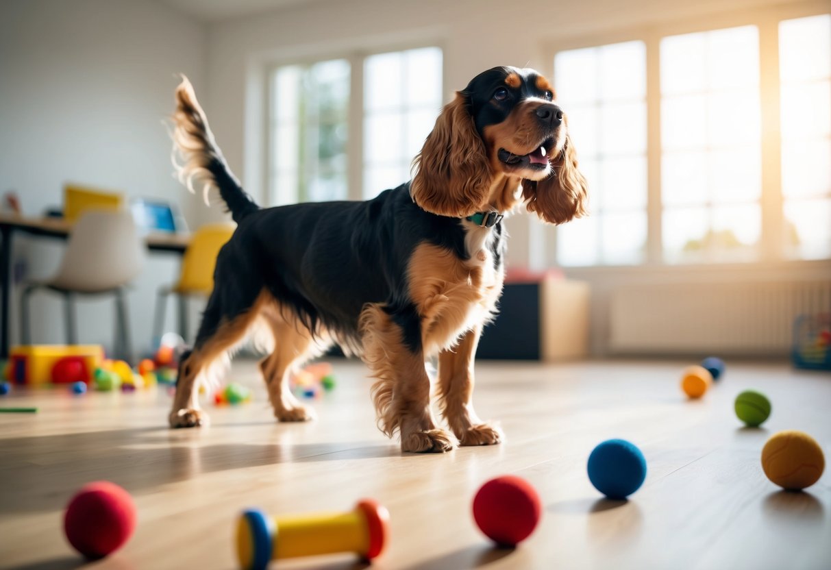 A 6-month-old cocker spaniel eagerly learning commands in a spacious, sunlit room with toys scattered on the floor