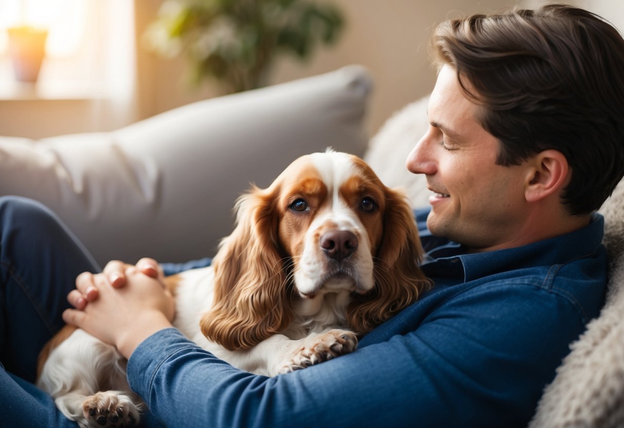 A cocker spaniel snuggles up to one person on a cozy couch, gazing adoringly at them with a wagging tail