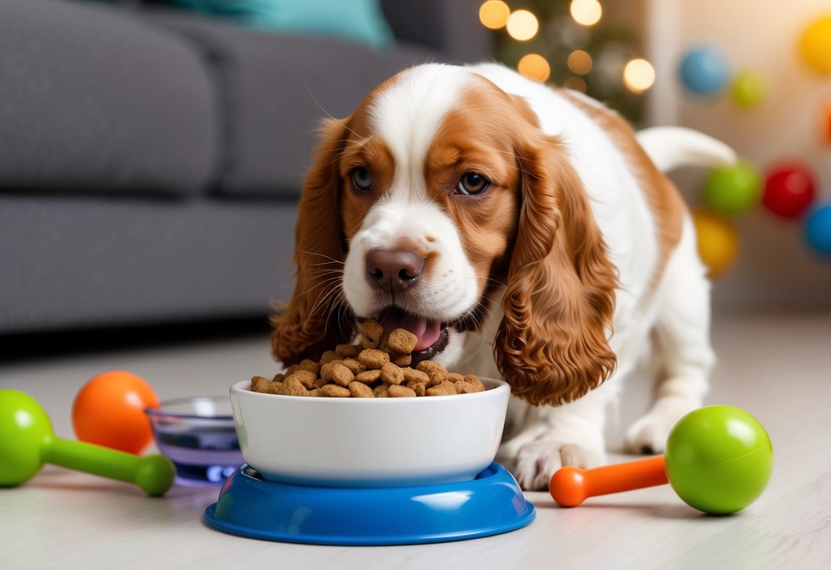 A 6-month-old cocker spaniel eagerly eating from a bowl of balanced puppy food, surrounded by toys and a water dish