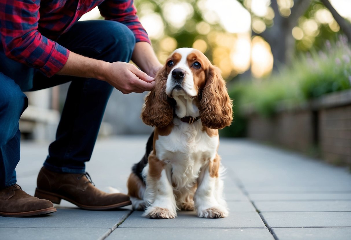 A Cocker Spaniel sitting at the feet of its owner, gazing up with adoring eyes as the owner pets its head