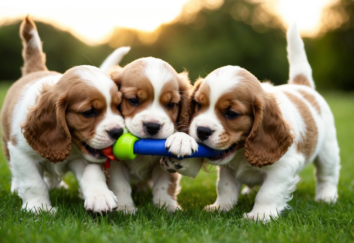 A playful litter of cocker spaniel puppies tugging at a chew toy together