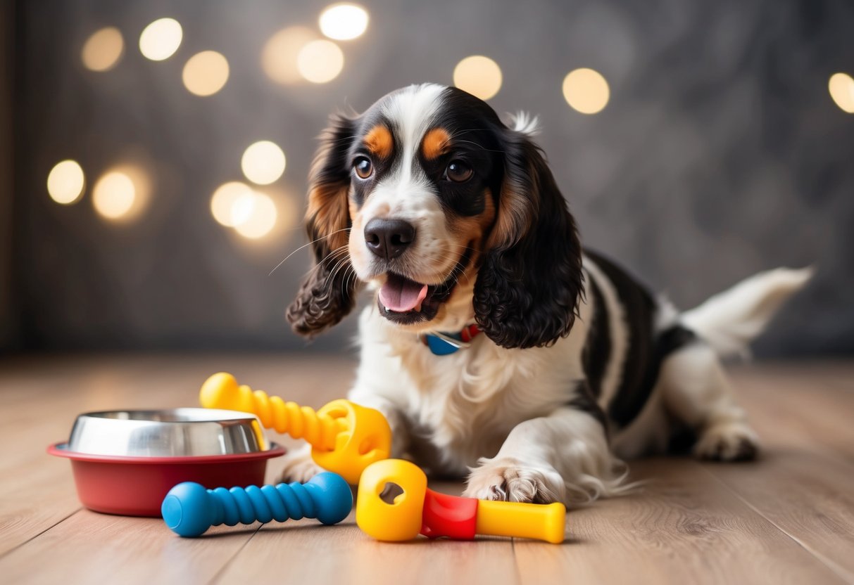A 6-month-old cocker spaniel playing with chew toys and a food bowl nearby, wagging its tail eagerly