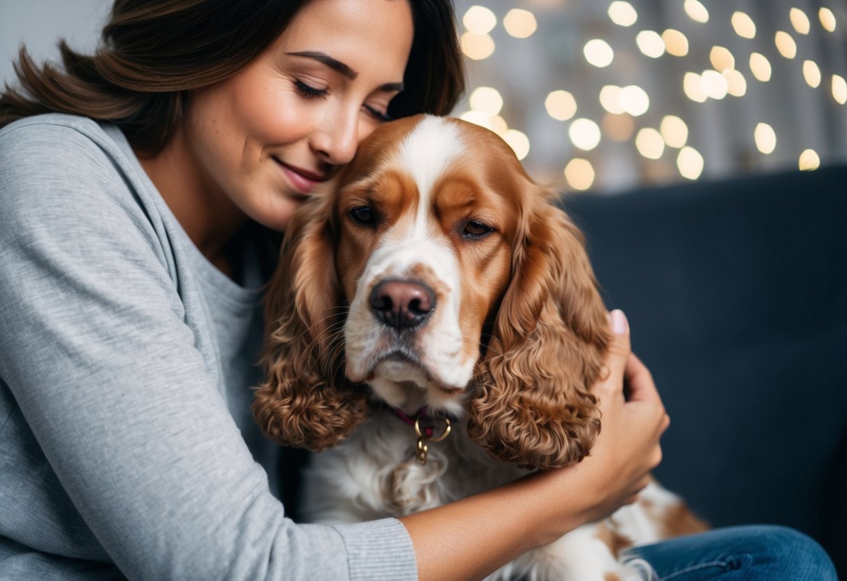 A cocker spaniel snuggles closely with one person, while being petted and receiving affectionate care