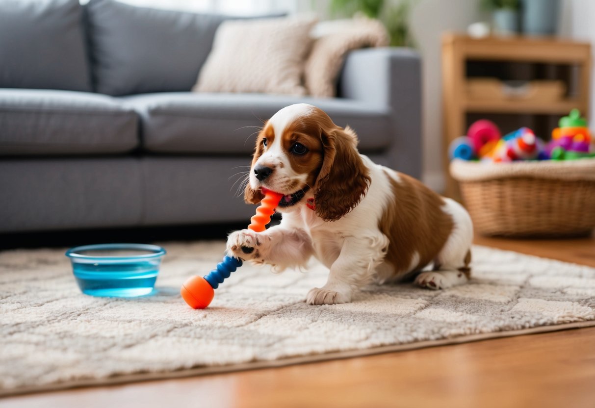 A cocker spaniel puppy playing with a chew toy in a cozy living room with a basket of toys and a water bowl nearby