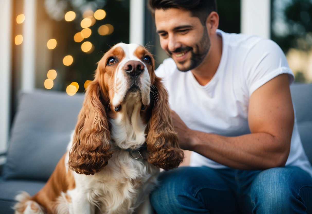 A cocker spaniel sitting next to its owner, gazing up at them with adoring eyes while the owner pets and interacts with the dog