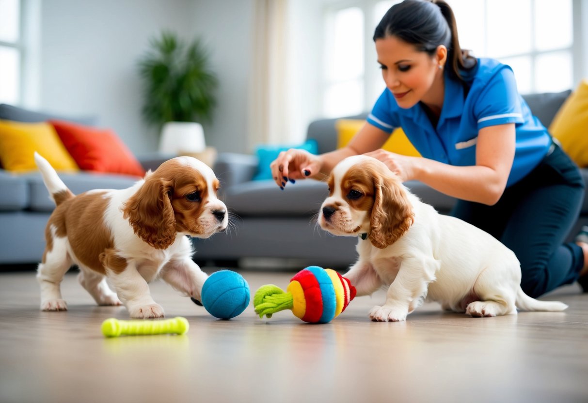 Two cocker spaniel puppies playing with toys in a spacious, well-lit living room. A trainer supervises their interaction, providing positive reinforcement