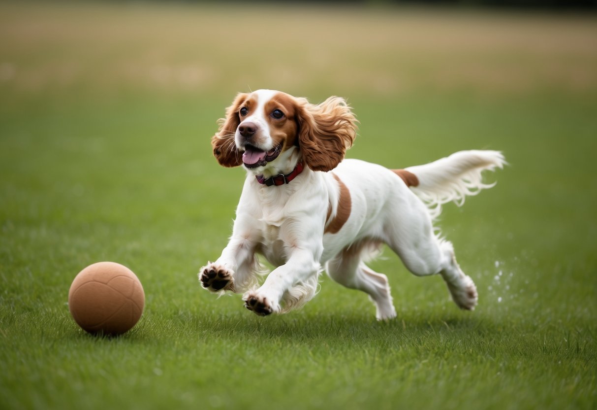 A cocker spaniel chasing a ball through a grassy field, panting with excitement as it runs back and forth