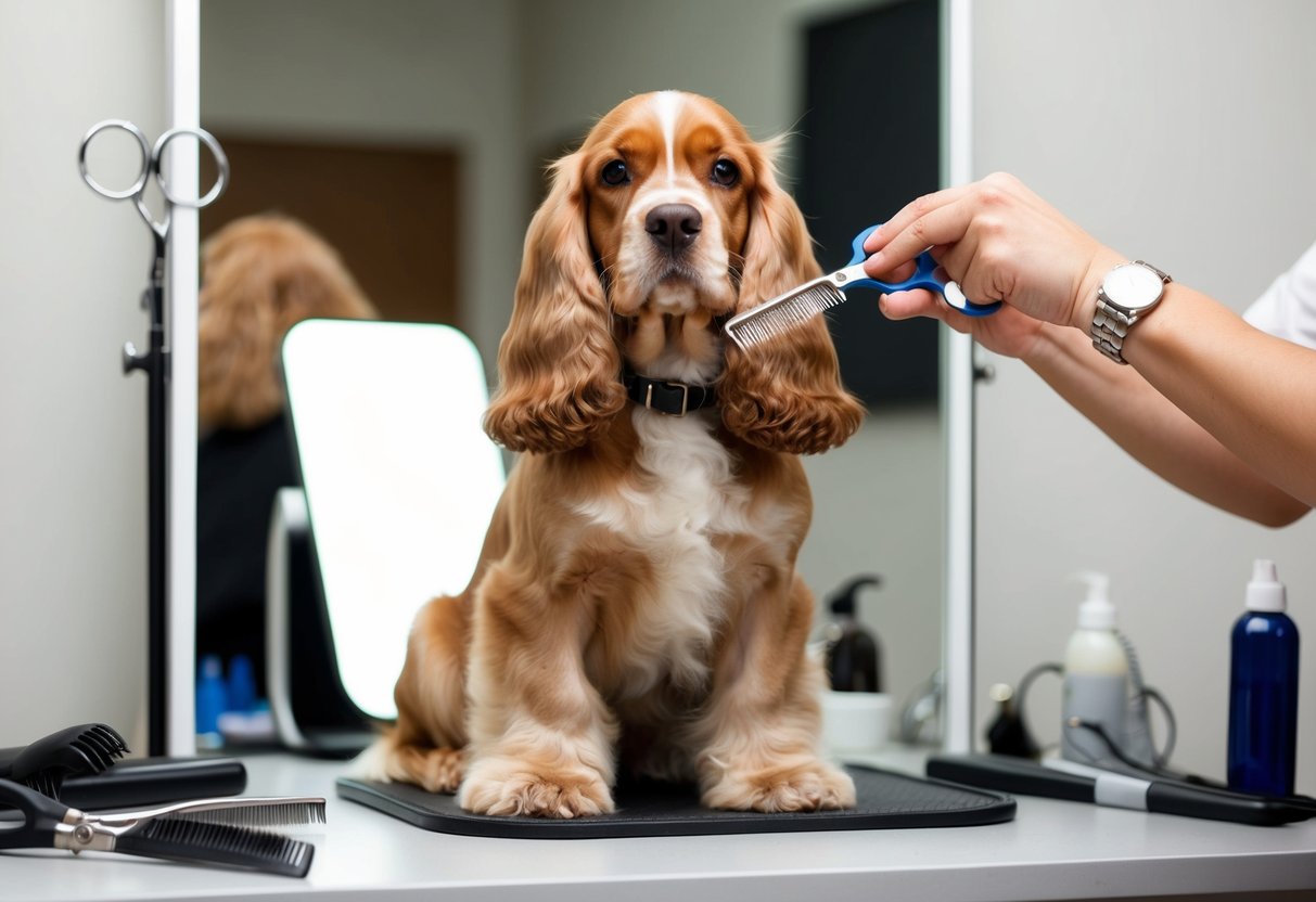 A cocker spaniel sitting patiently as a groomer trims its fluffy coat with scissors and a comb, surrounded by grooming tools and a mirror