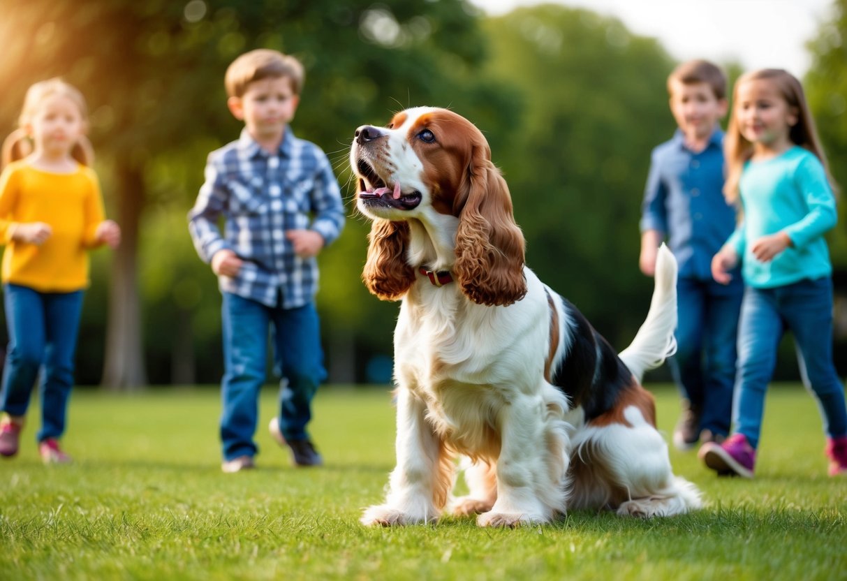 A cocker spaniel barking at children in a park, with a wagging tail and alert ears