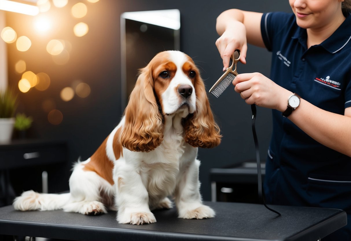 A cocker spaniel sitting calmly as a groomer trims its long, silky fur with scissors and a comb