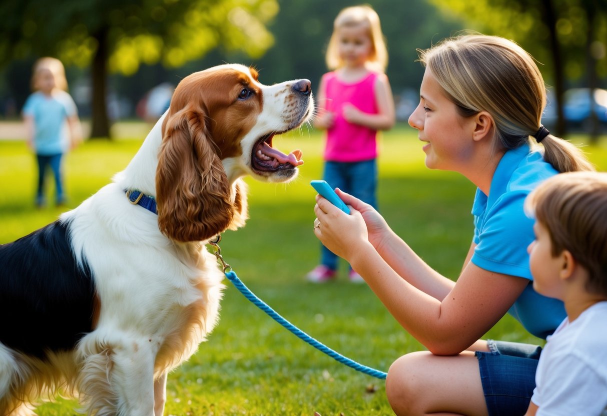 A cocker spaniel barking at children in a park. A trainer using positive reinforcement to redirect the dog's attention