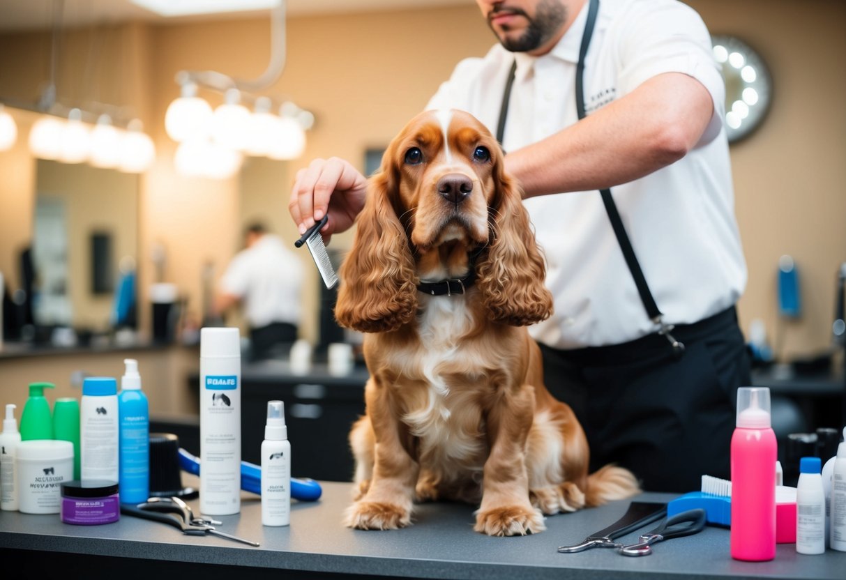 A cocker spaniel sitting in a grooming salon, surrounded by various grooming tools and products, with a groomer carefully trimming its fur