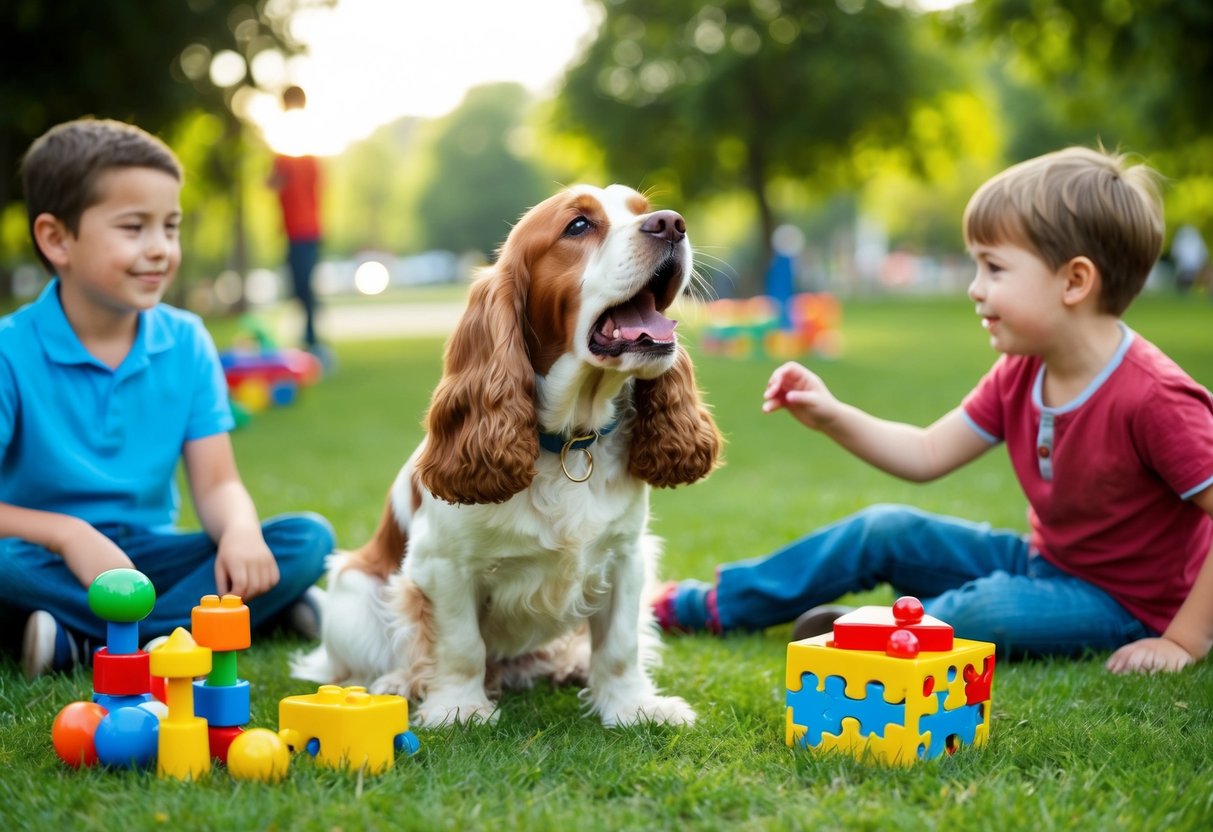 A cocker spaniel barking at children in a park while surrounded by toys and puzzle games