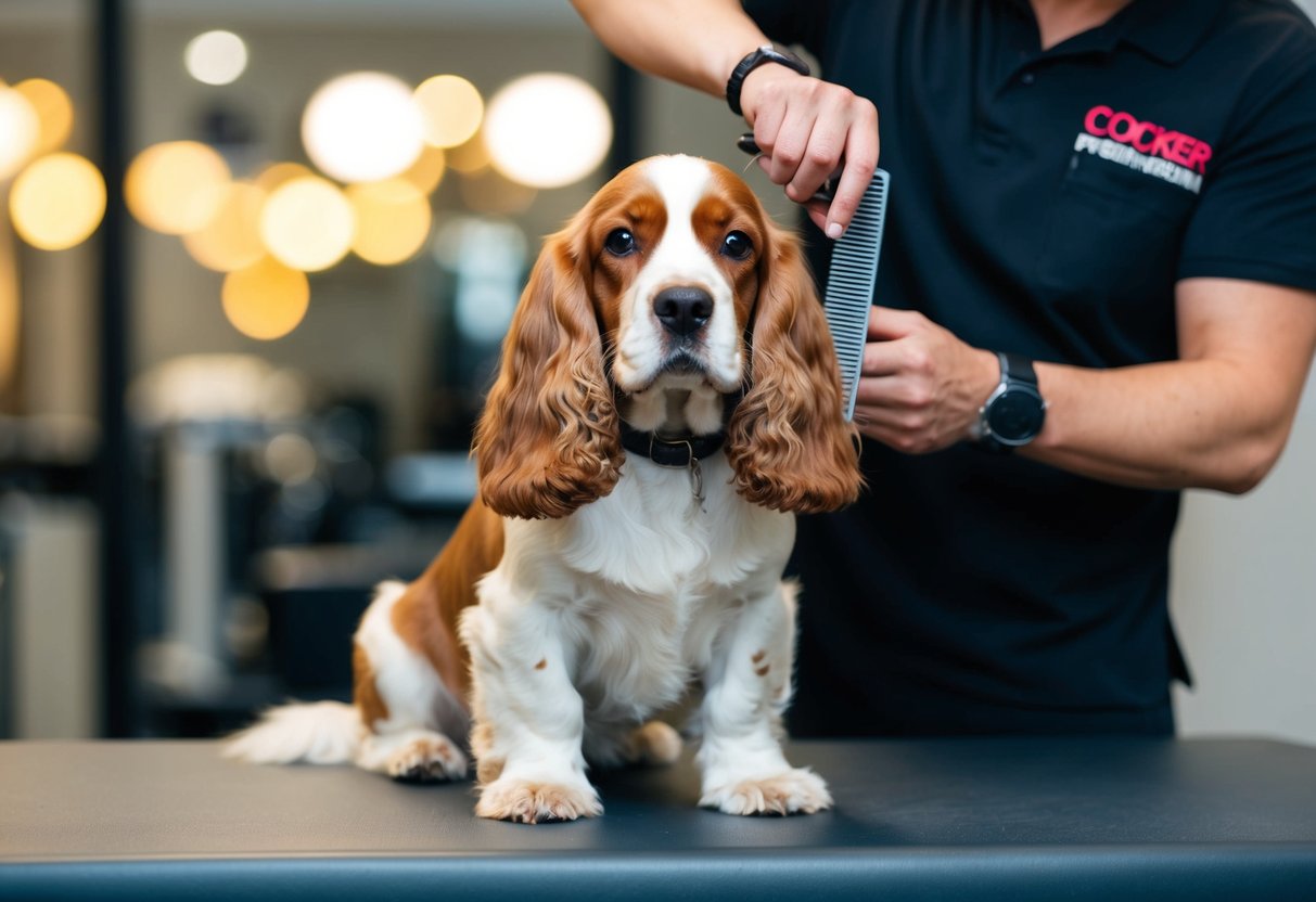 A cocker spaniel sitting patiently while a groomer trims its fur with scissors and a comb