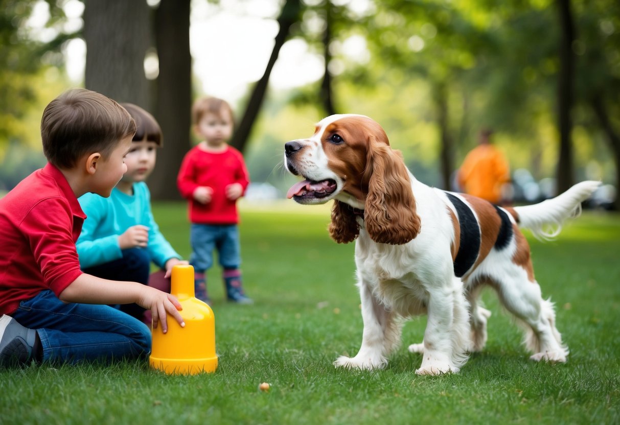 A cocker spaniel barking at children in a park