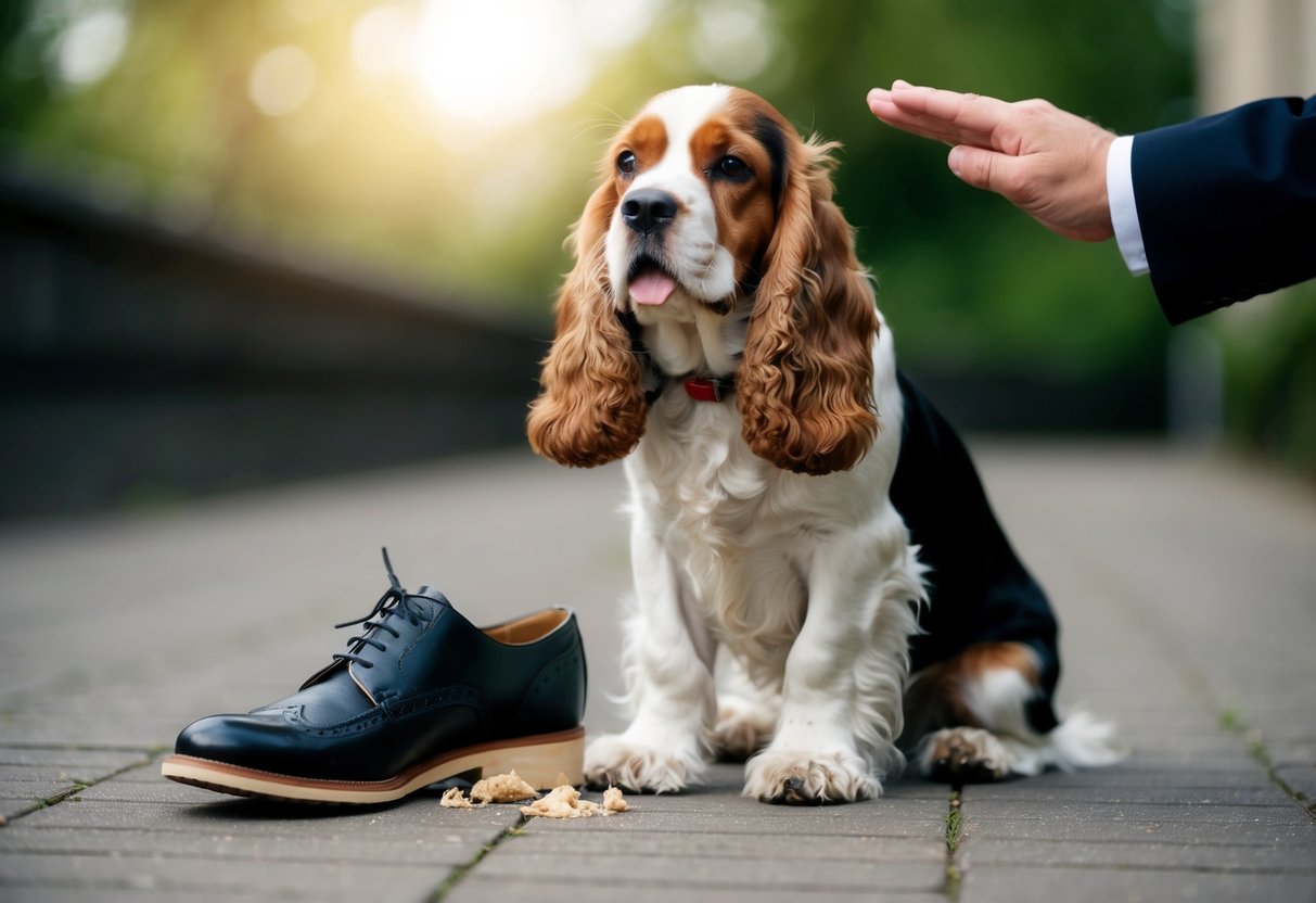 A cocker spaniel sits obediently next to a chewed-up shoe, while a stern voice scolds it