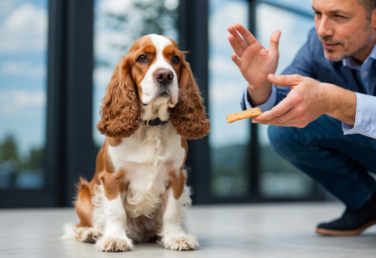A cocker spaniel sits obediently at attention while its owner holds a treat and gestures with a firm but gentle tone