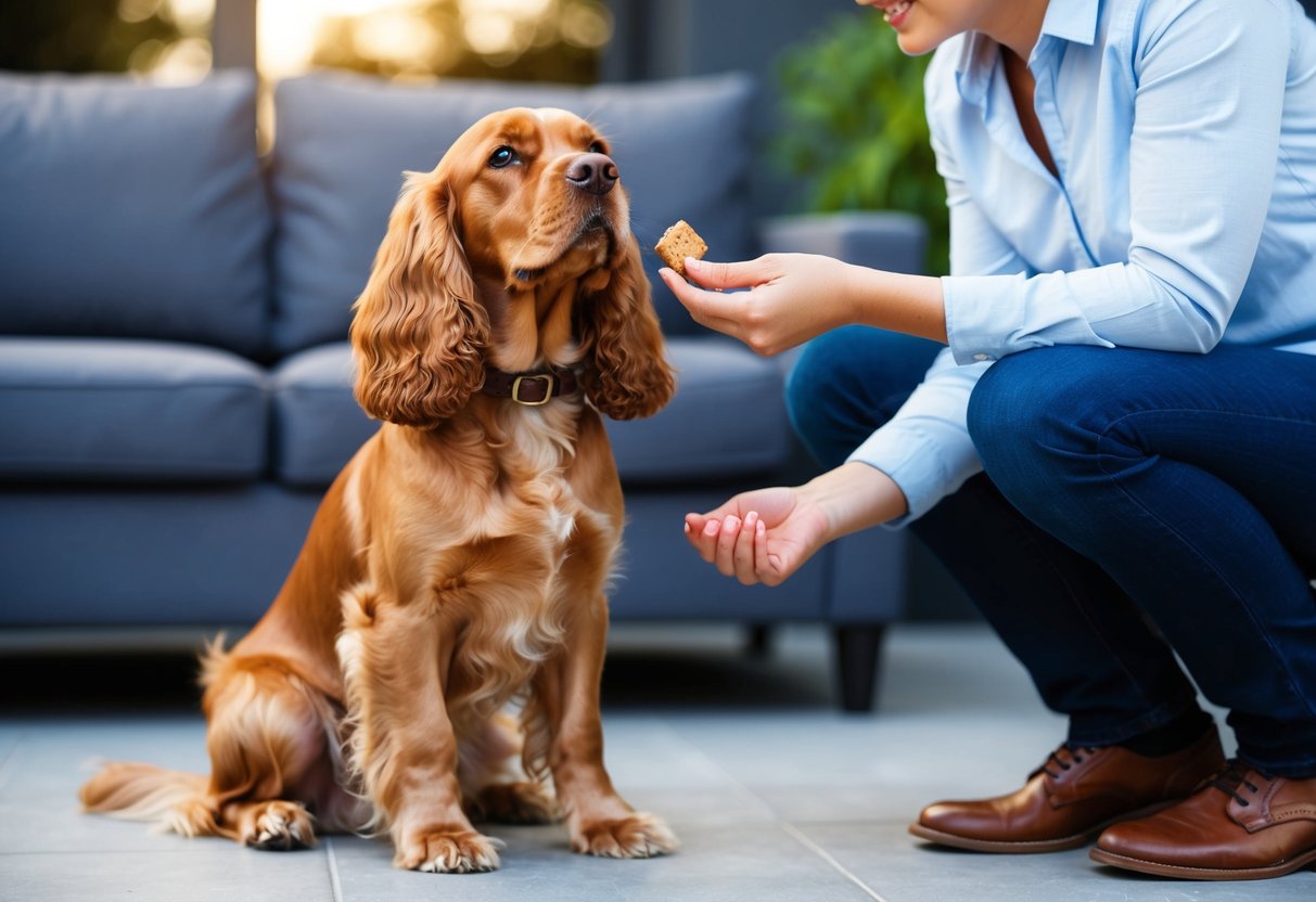 A cocker spaniel sitting obediently, ears perked, while being rewarded with a treat by its owner