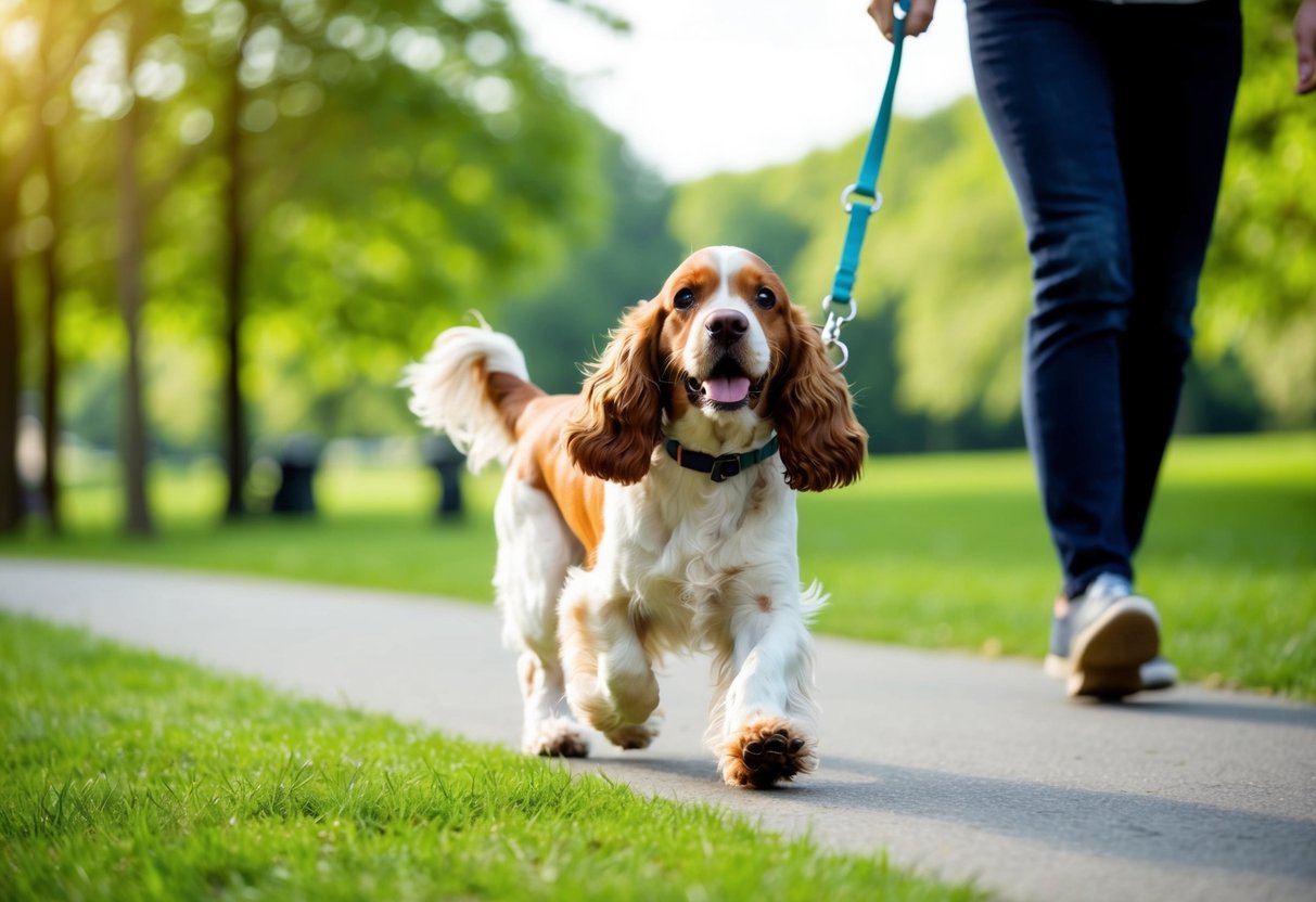 A happy cocker spaniel eagerly walks on a leash through a lush green park, tail wagging and ears flapping in the breeze