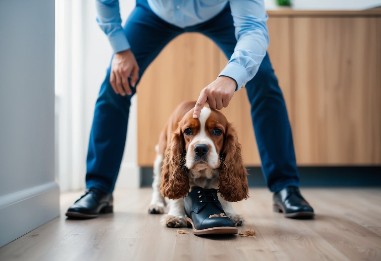 A stern owner standing over a mischievous cocker spaniel, pointing to a chewed-up shoe while the dog cowers in the corner