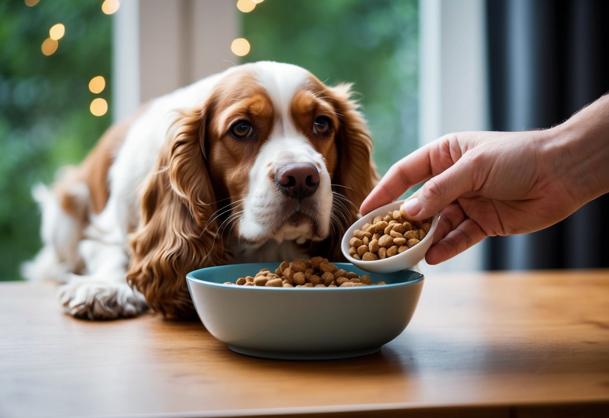 A cocker spaniel eagerly eyes a bowl of food while a hand removes it, replacing it with a measured portion of kibble