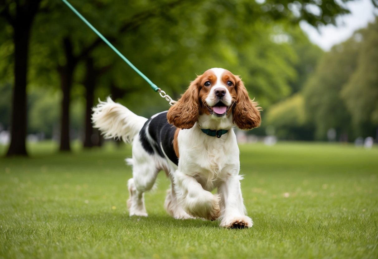 A happy cocker spaniel trots through a lush green park, tail wagging, ears flopping, and a leash trailing behind