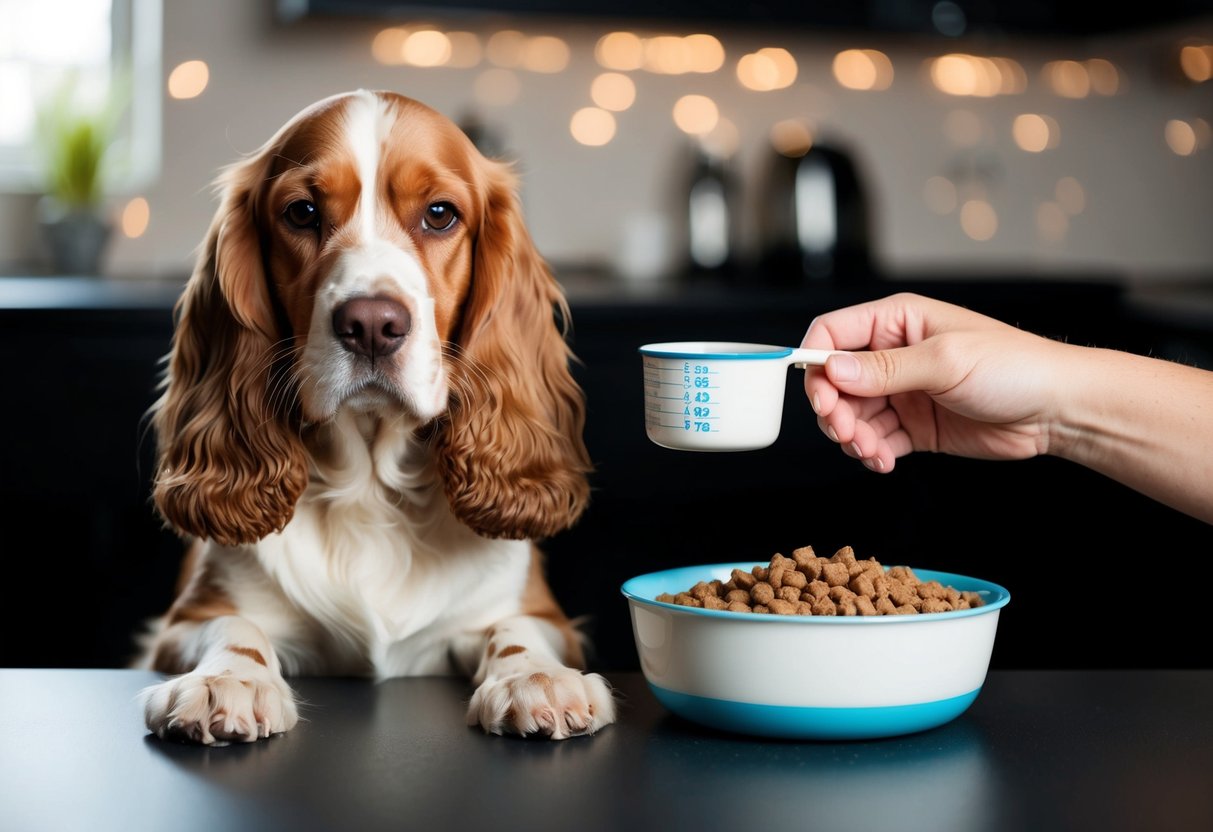 A cocker spaniel sits beside a bowl of balanced diet dog food, while a person measures out the appropriate portion with a measuring cup