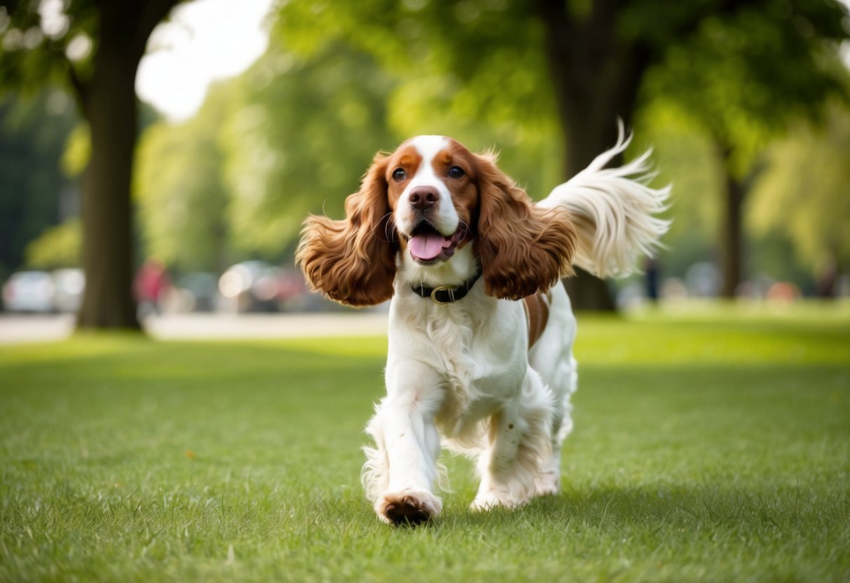 A Cocker Spaniel happily walks through a green park, tail wagging and ears flapping in the breeze