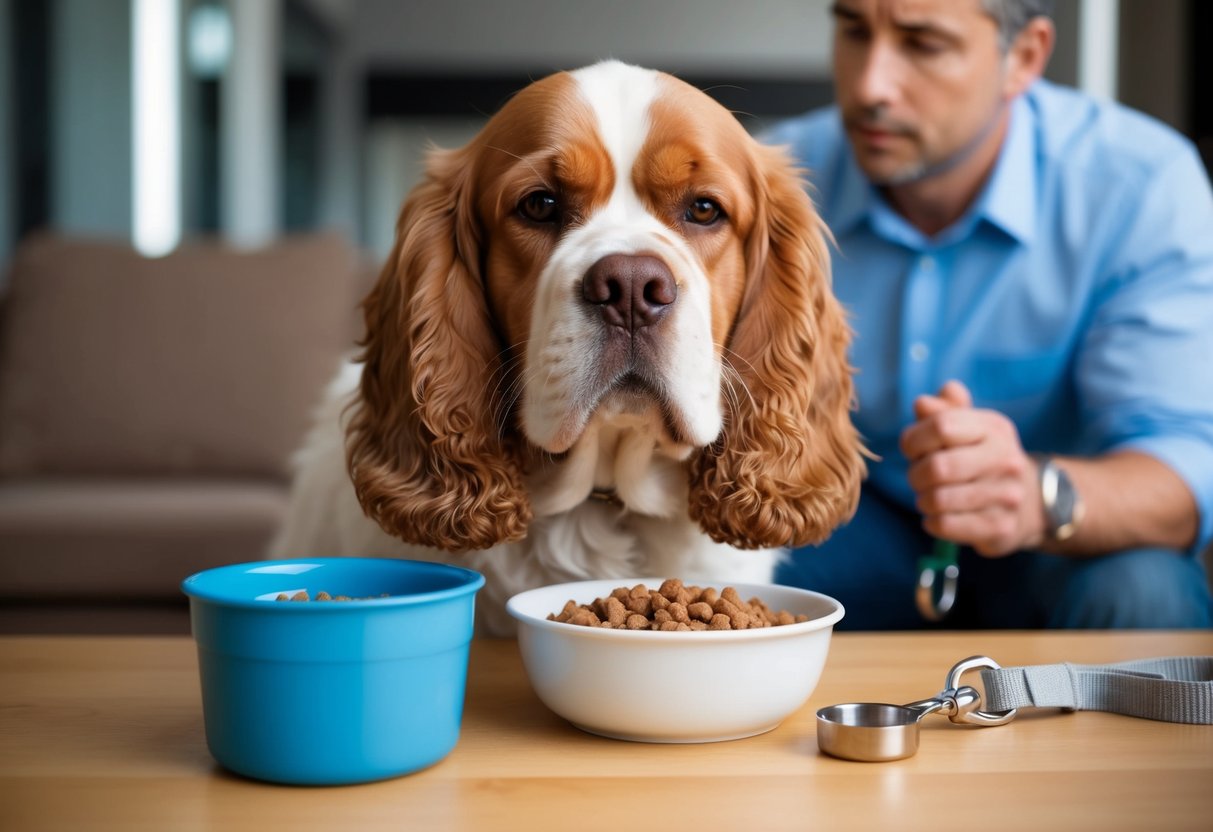 A chubby Cocker Spaniel gazes longingly at a bowl of food while a measuring cup sits nearby. A concerned owner looks on, holding a leash