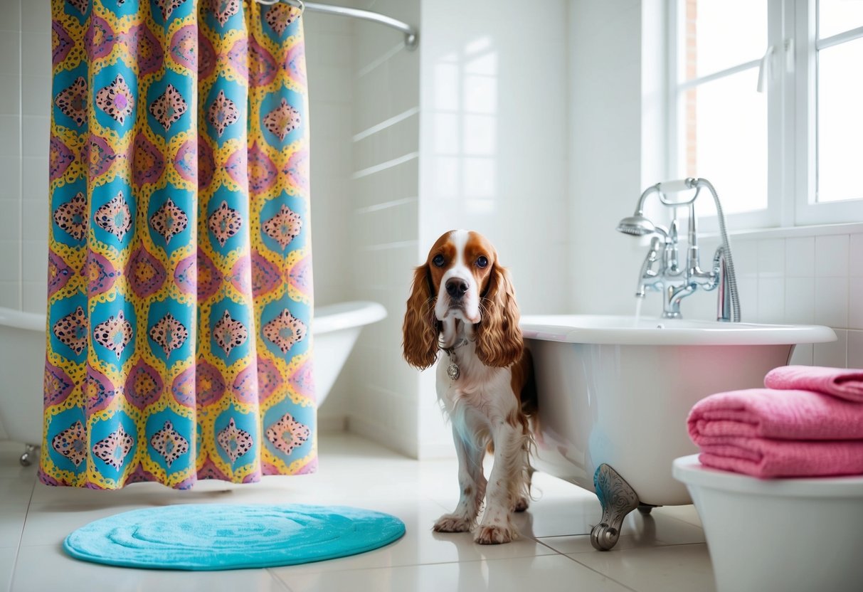 A cocker spaniel being bathed in a bright, spacious bathroom with a colorful, patterned shower curtain and a large, fluffy towel nearby