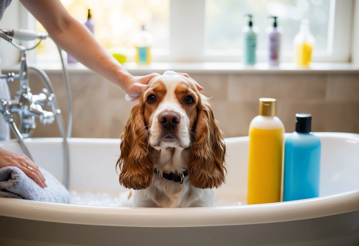 A cocker spaniel being gently bathed in a tub, surrounded by bottles of dog shampoo and towels