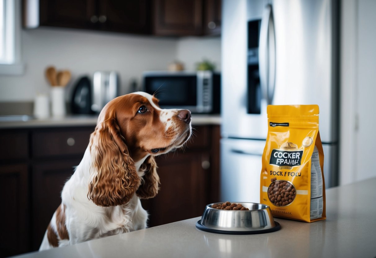A cocker spaniel eagerly waits by its empty food bowl, gazing up at the kitchen counter where a bag of dog food sits out of reach
