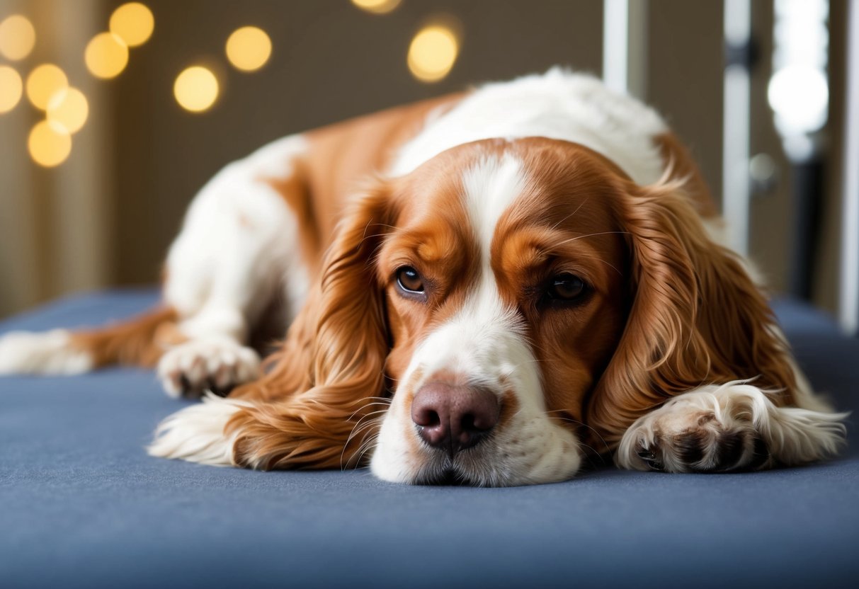 A contented female cocker spaniel rests peacefully after being neutered, displaying a calm and relaxed demeanor