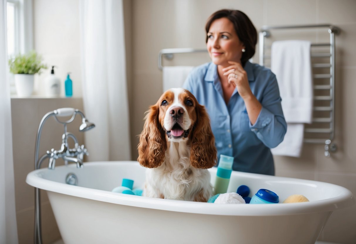 A happy cocker spaniel stands in a bathtub surrounded by various bathing products, while its owner looks on with a thoughtful expression