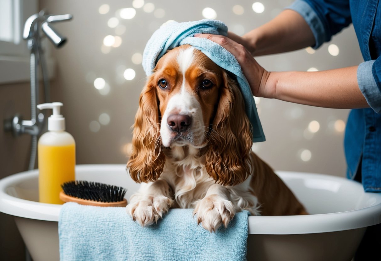A cocker spaniel being gently towel-dried after a bath, with a bottle of dog shampoo and a brush nearby
