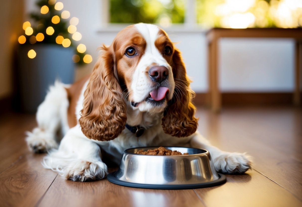 A cocker spaniel eagerly waits by its food bowl, tail wagging and tongue licking its lips
