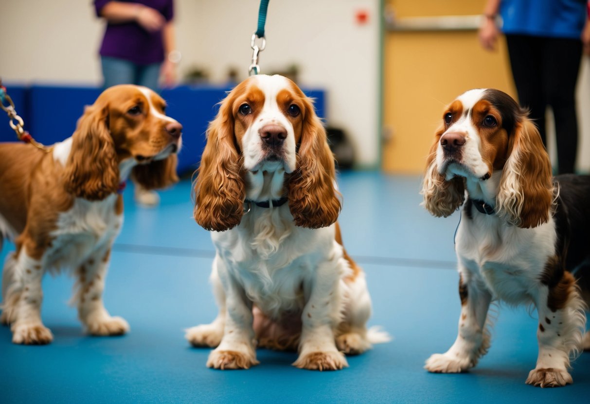 A female cocker spaniel calmly interacts with other dogs in a training and socialization class post-surgery